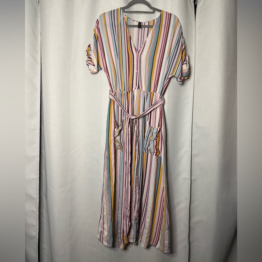 Zara TRF Rainbow Striped Linen Summer Midi Dress - Picture 3 of 11